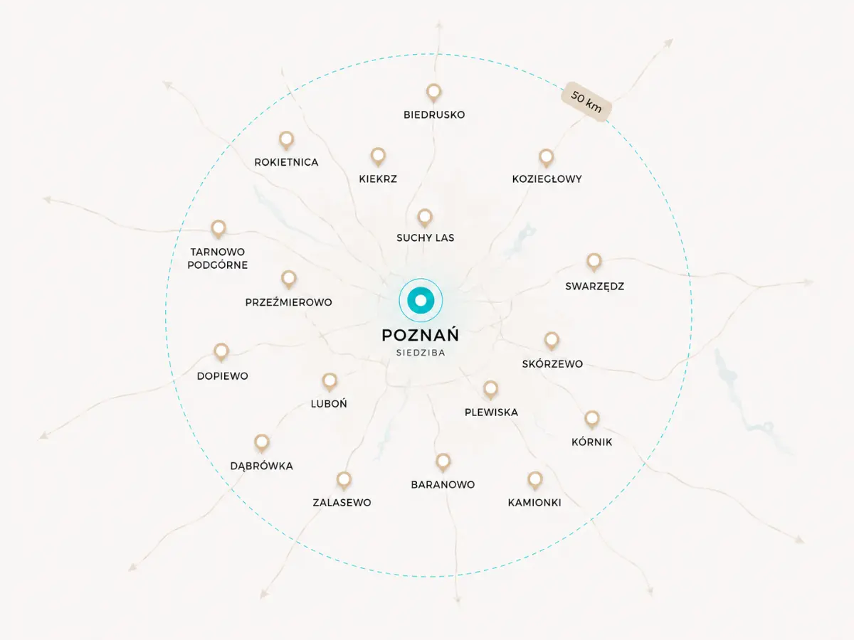 Mapa obszaru działania Michał Kosmowski Czyste Powierzchnie – Poznań i okolice w promieniu 50 km